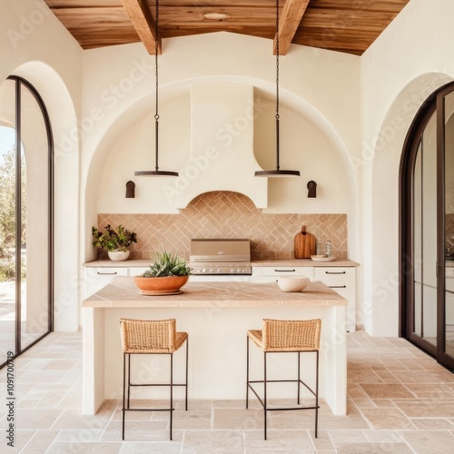 Mediterranean-inspired outdoor kitchen with a clay-tile backsplash and arched design elements photo