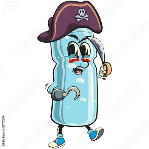 water plastic bottle cartoon mascot character as pirate with dagger, vector illustration isolated, work of hand drawn