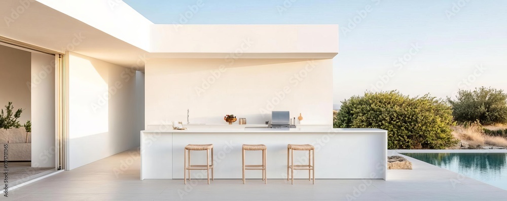 Minimalist all-white outdoor kitchen with a streamlined design and ...