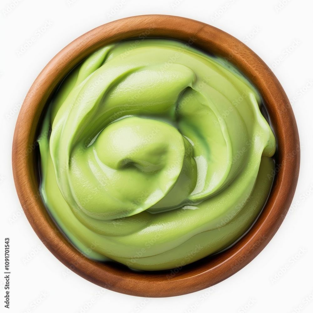 Obraz premium Creamy Matcha Delight: A rich, vibrant green matcha cream swirls invitingly in a rustic wooden bowl, promising a luxurious and flavorful experience.