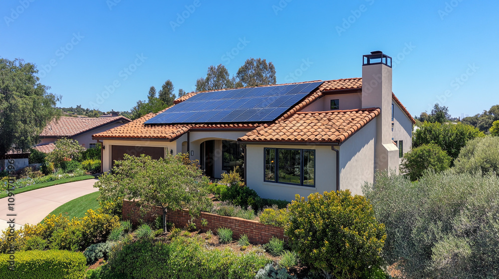 Eco Friendly Home with Solar Panels Landscaping and Tile Roof Eco Friendly Home with Solar Panels Landscaping and Tile Roof