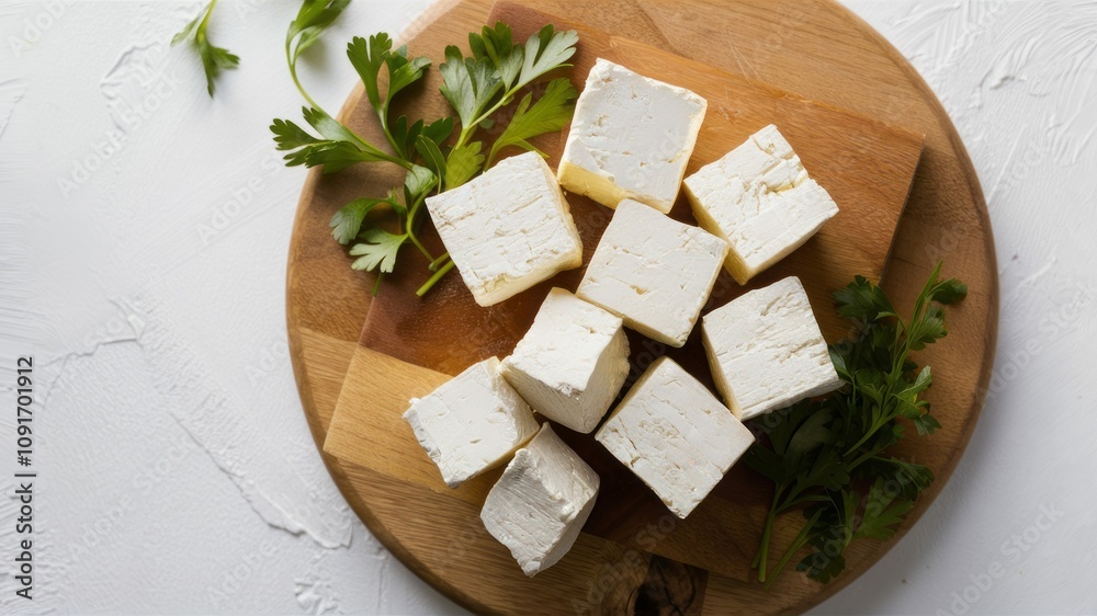 Fototapeta premium Tofu Cubes on Wooden Board: A close-up view of freshly cut tofu cubes, arranged neatly on a rustic wooden cutting board. The tofu is a soft, white, and inviting, ready for a delicious meal.