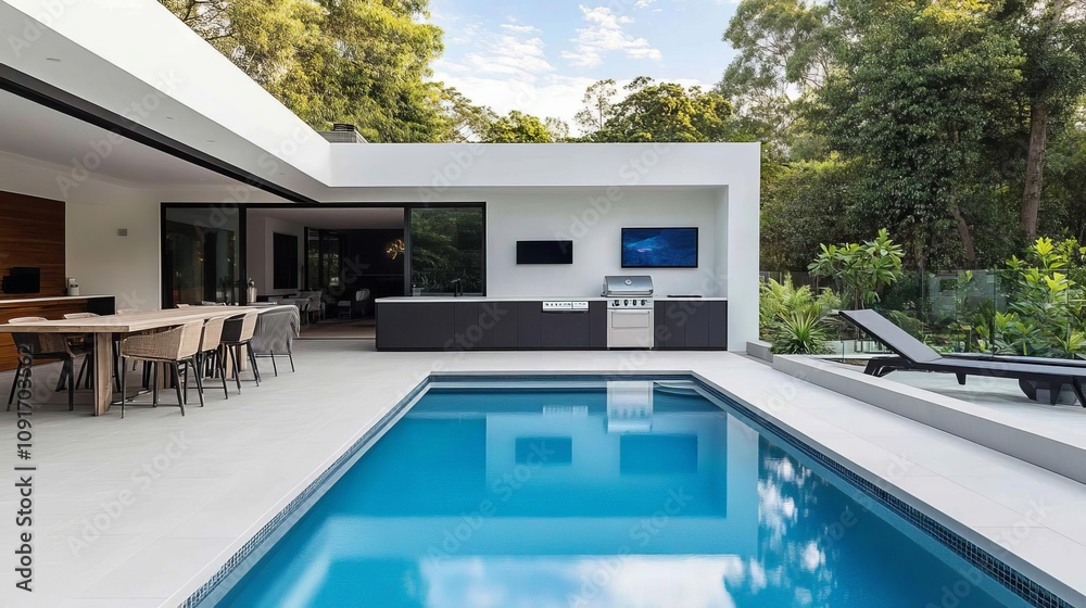 Fototapeta premium Poolside outdoor kitchen with sleek modern furniture and integrated appliances