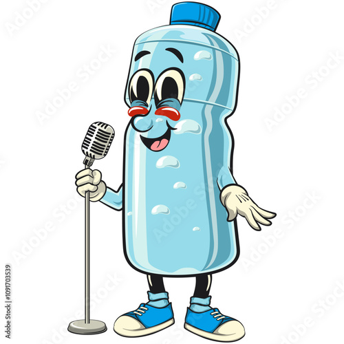 water plastic bottle cartoon mascot character in front of the mic become a stand up comedian, vector illustration isolated, work of hand drawn