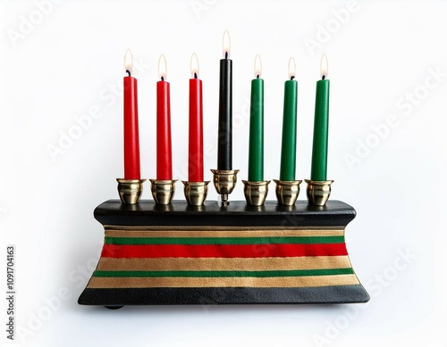 close up of a kwanzaa kinara with lit candles in red black and green isolated on a white background