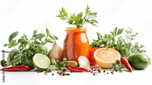 A spicy papaya chili sauce in a jar, styled with fresh herbs and chilies on a clean white background photo