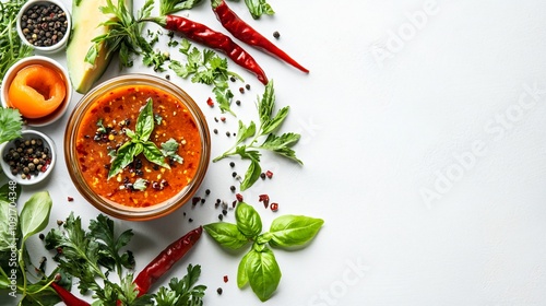 A spicy papaya chili sauce in a jar, styled with fresh herbs and chilies on a clean white background photo