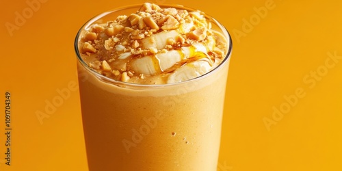 A banana and peanut butter smoothie in a clear glass, topped with crushed peanuts and a drizzle of honey photo