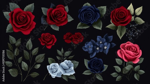 Set of floral elements featuring roses in red burgundy and navy blue with green leaves suitable for decorative cards or invitations photo