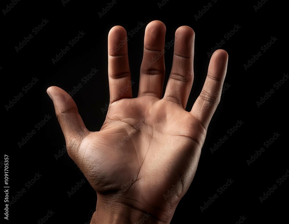 Fototapeta premium hand is shown with a black background the hand is open and extended with the fingers spread out