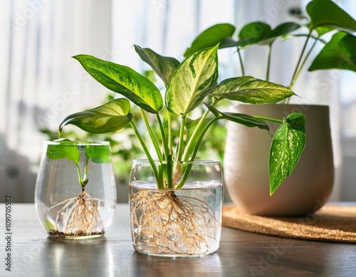propagated roots of epipremnum aureum houseplant in water in glass vase indoor plants in ceramic pots on the table epipremnum and syngonium indoor gardening botany hobby
