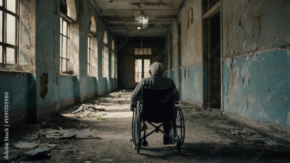 Obraz premium Sad elderly man in wheelchair sits alone among ruins of old hospital corridor
