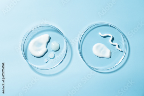 Cosmetic smears, product textures in petry dish on blue background. Flat lay. photo