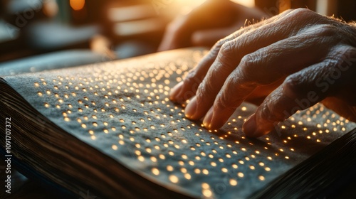 braille reading experience, a visually impaired individual reads a braille book in a peaceful library, fingers tracing the raised dots as sunlight fills the room
