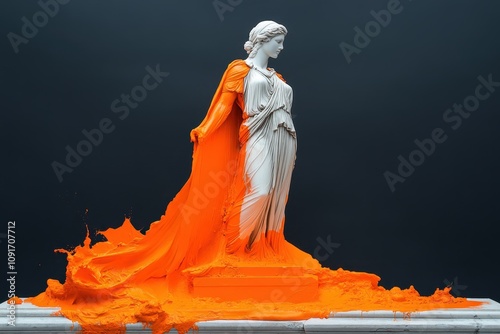 Environmental warrior Bright orange paint cascading down the body of a white ancient Greek statue symbolizing the urgency of conservation photo