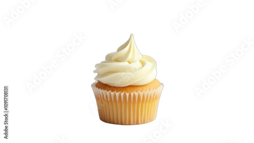 A vanilla cupcake sits alone on a white background created by generative artificial intelligence algorithms_001pn photo