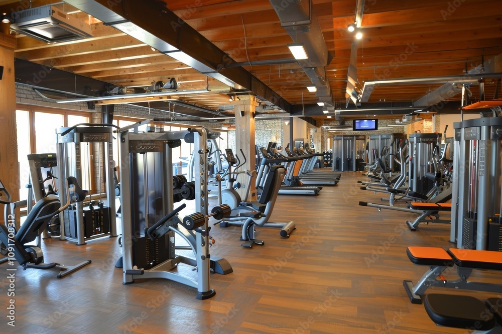 Fototapeta premium A spacious fitness center featuring various strength training and cardio machines, illuminated by natural light streaming through large windows.