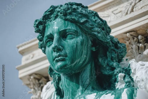 Forest green Green paint flowing down the back of a white ancient Greek statue in an environmental conservation demonstration photo