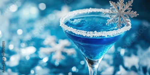 A frosty blue curaÃ§ao mocktail with silver sugar rim and a snowflake garnish, icy background photo