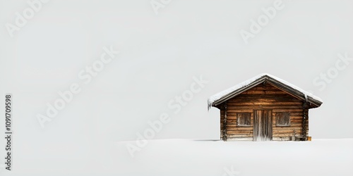 An isolated wooden cabin placed on the right, surrounded by a panoramic grey scene perfect for custom text additions.