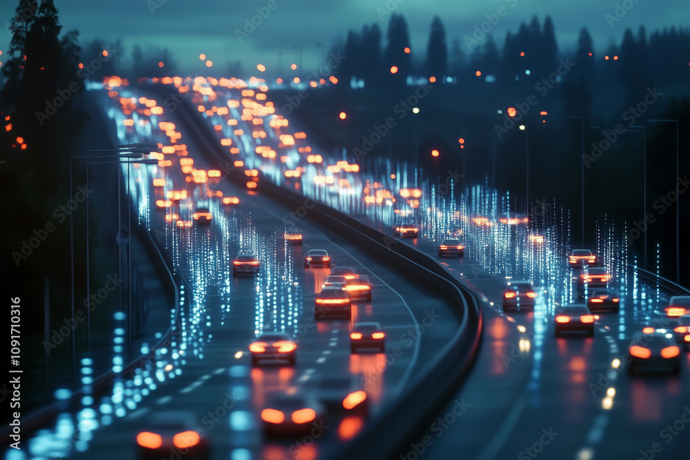 A digital highway with cars made of data streams, symbolizing fast internet traffic and data transfer. A digital highway with cars made of data streams, symbolizing fast internet traffic and data transfer.