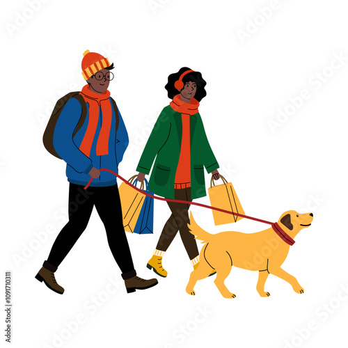 Couple walking their dog while carrying shopping bags during a chilly day
