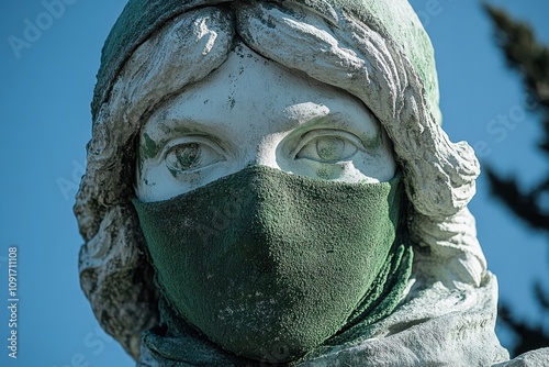 Mossy shade A white ancient Greek statue being covered in green paint by an environmental advocate in balaclava to emphasize the importance of conservation photo