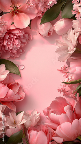 Pink floral frame with pions and green leaves. photo