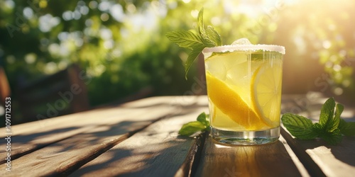 A refreshing iced lemonade with fresh mint and sugar-rimmed glass, sunny picnic table photo