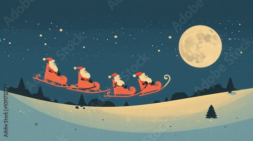 Contemporary Christmas card with a minimalist depiction of Santaa??s sleigh flying over a moonlit sky, set against a dark blue background. photo