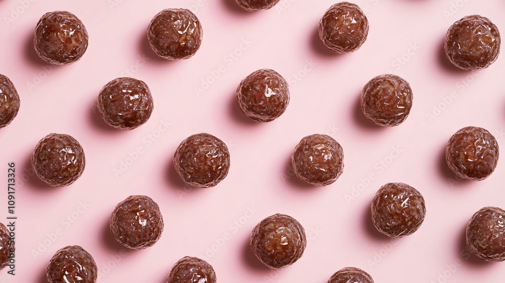 Obraz premium Date energy bites arranged in a neat pattern, isolated on a pastel background with minimalist decor