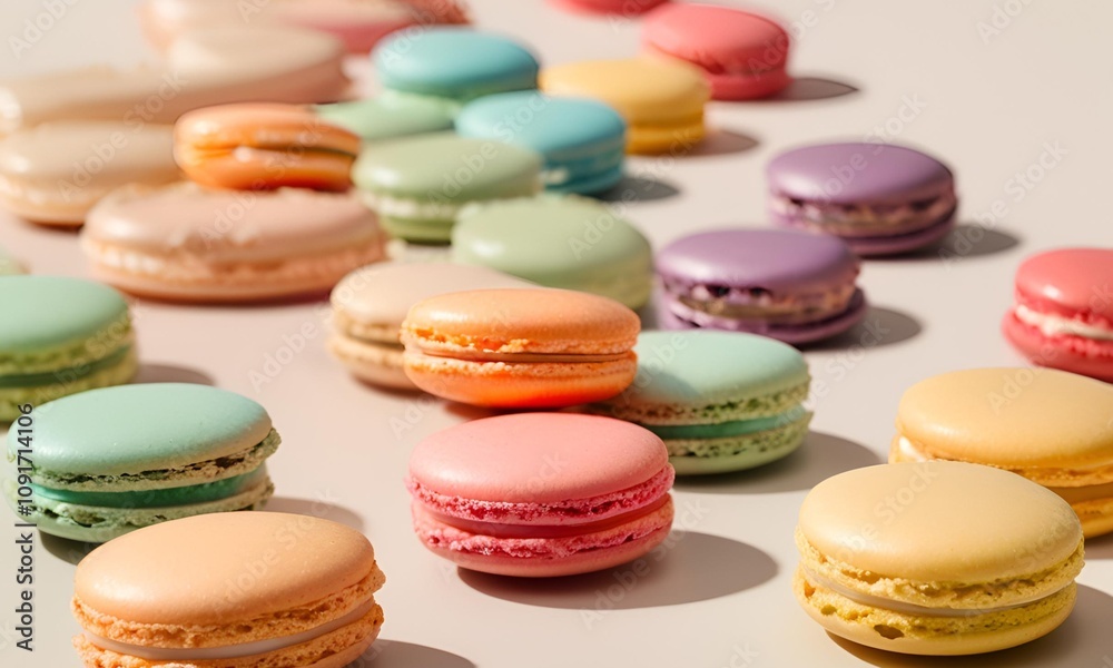 Fototapeta premium Colorful Macarons placed in a row on a light, neutral background