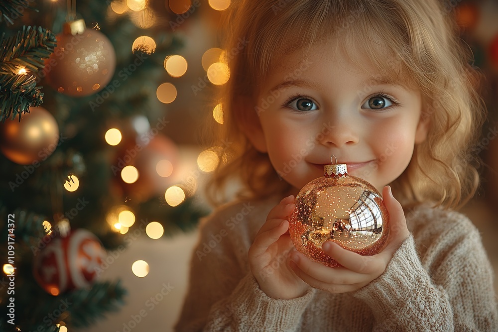 Naklejka premium Child with sparkling eyes holding Christmas ornament