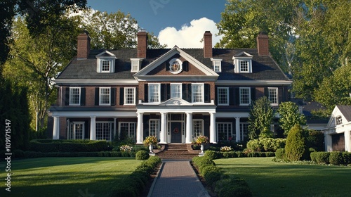 Colonial-style house with traditional exterior and large front lawn a?