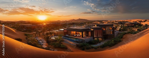 Desert Oasis: A majestic modern villa nestled amidst golden sand dunes, bathed in the warm glow of a desert sunset. The expansive view captures the serenity and luxury of this secluded retreat.  photo