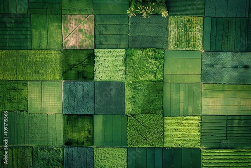 The landscape displays an expansive patchwork of vibrant green fields, exhibiting different crop types flourishing under bright daylight, highlighting the beauty of agriculture.