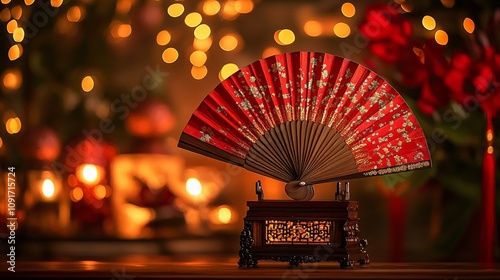 Decorative red and gold folding fan displayed on a wooden stand with festive lights and floral elements in the background. Close-up photography. Chinese New Year celebration and traditional decor conc photo