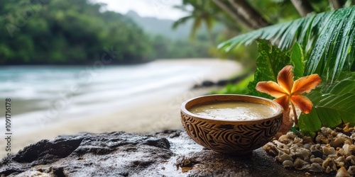 A traditional Samoan kava drink in a carved wooden bowl, natural island setting photo