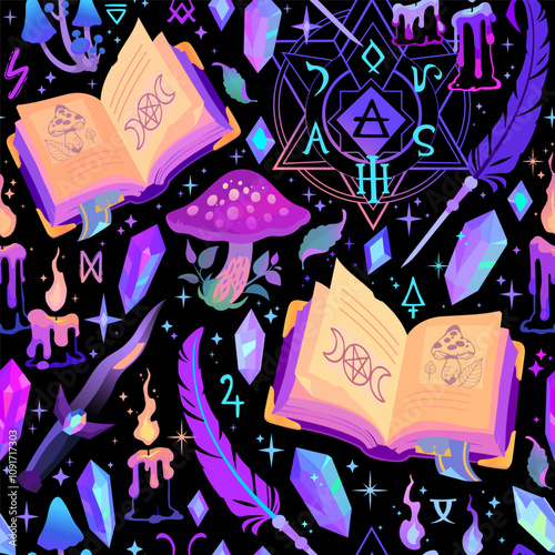 Cartoon seamless illustration with magical esoteric elements