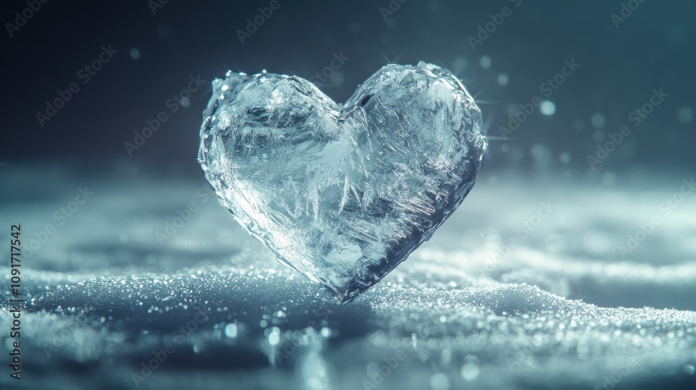 Obraz premium Jagged ice heart resting on a snowy surface, showcasing rough crystalline textures and intricate frozen details. Water droplets bead along the edges, capturing a raw winter aesthetic.