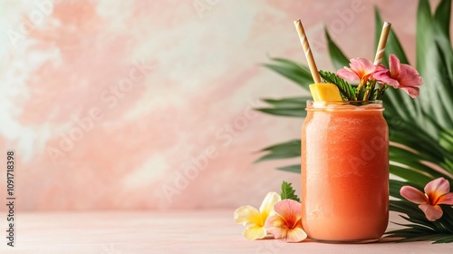 Papaya smoothie in a glass jar, styled with tropical flowers and a bamboo straw on a light pastel background photo