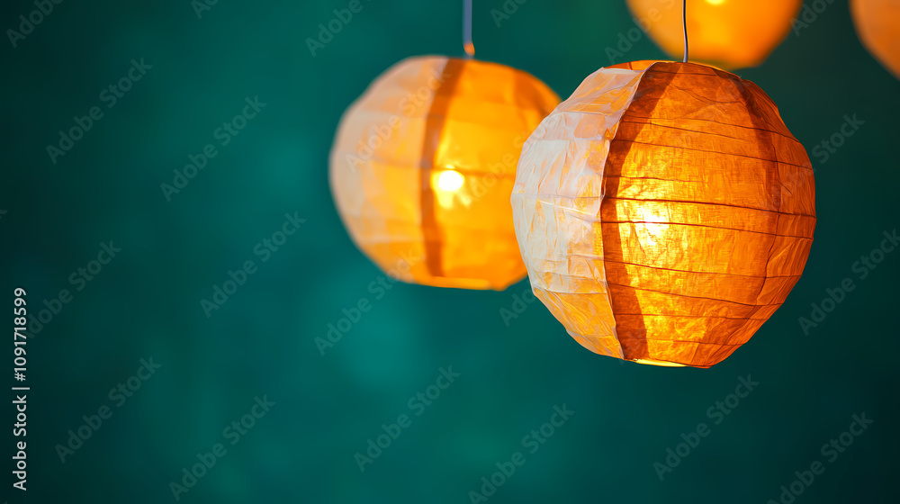 Fototapeta premium Crumpled paper lanterns glow with warm light against a teal background. Illuminated Paper Lanterns. Illustration