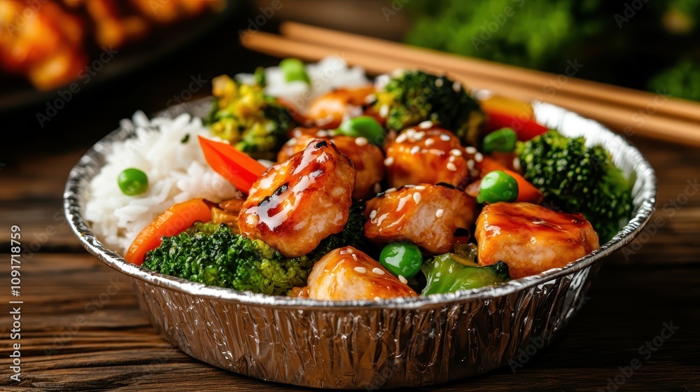 A delightful culinary dish featuring glazed chicken, broccoli, peas, and vibrant reds peppers served over a bed of fluffy rice. Perfect for Asian cuisine lovers. A delightful culinary dish featuring glazed chicken, broccoli, peas, and vibrant reds peppers served over a bed of fluffy rice. Perfect for Asian cuisine lovers.