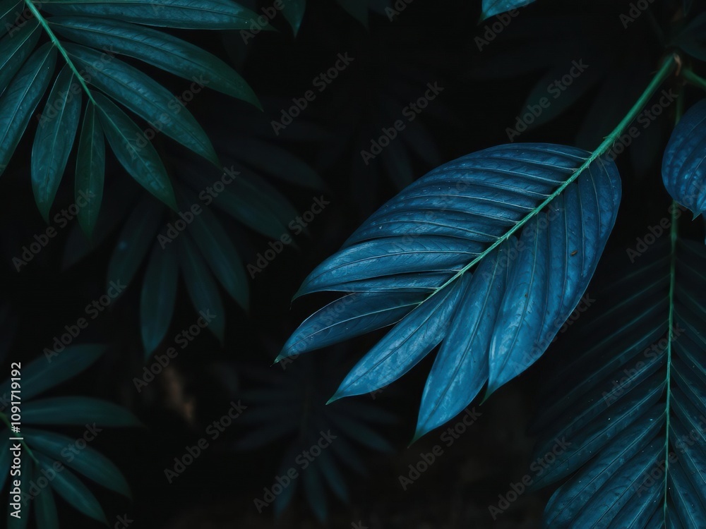 Fototapeta premium Blue tropical leaf set on a dark, moody natural background, leaf, blue, background