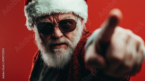 Santa in striking red attire points assertively with a bold expression, sunglasses perched on his nose, against a dynamic bright red background. photo