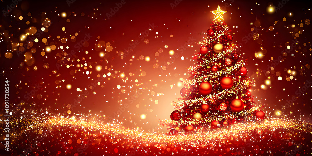 Christmas tree with golden lights and red ornaments, wide background. Christmas tree banner with space for text. Christmas and New Year concept. Christmas tree with golden lights and red ornaments, wide background. Christmas tree banner with space for text. Christmas and New Year concept.