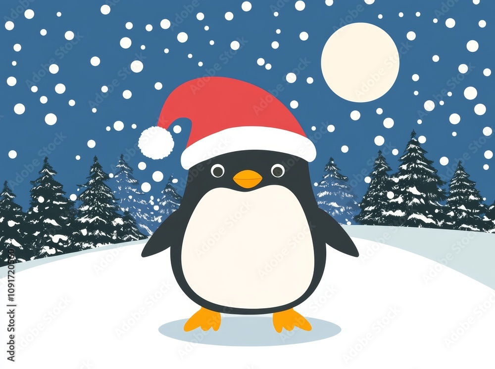 Fototapeta premium In the heart of winter, a penguin in a red hubcap near a snow-covered tree.