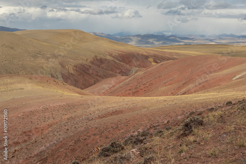 Wide mountain gorge Golden autumn landscape with colorful hills. Slopes with a red tint like on another planet similar to the Martian landscape.
