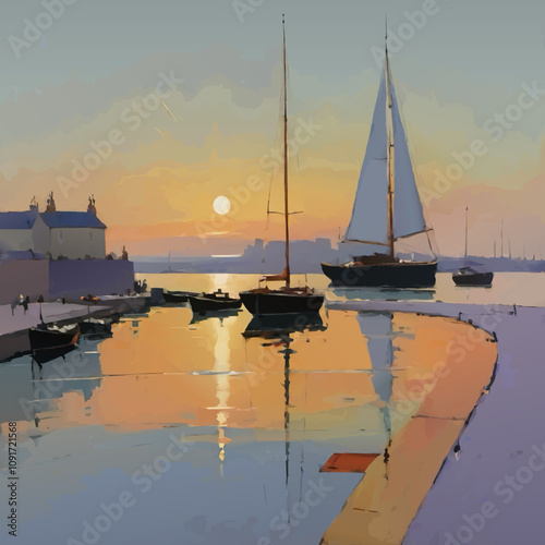 harbour scene sunset illustration