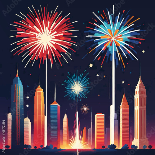 cityscape with fireworks cartoon